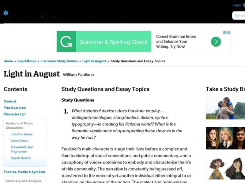Light in August by William Faulkner: Study Guide - Mini Essays Study Guide
