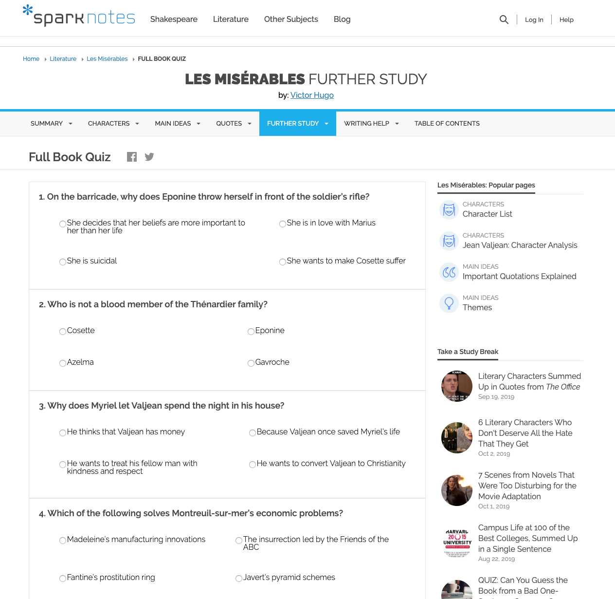 Les Miserables - Full Book Quiz Interactive