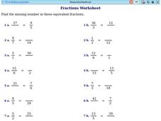 Equivalent Fractions-Missing Numbers Worksheet