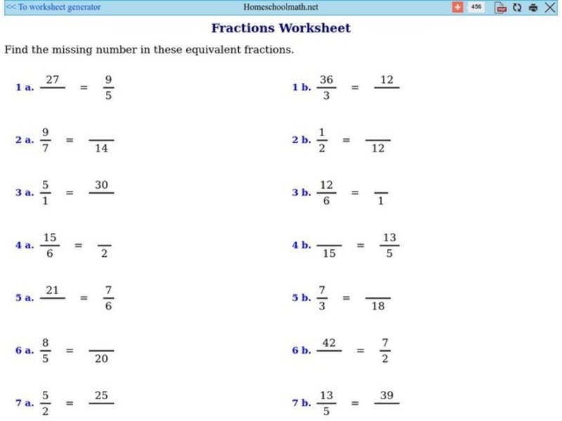 Equivalent Fractions-Missing Numbers Worksheet