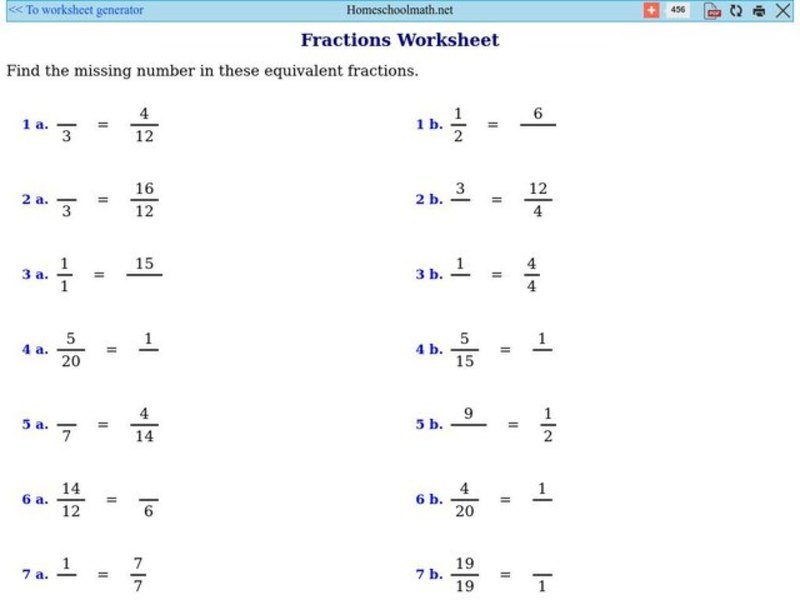 Equivalent Fractions-Missing Numbers Worksheet