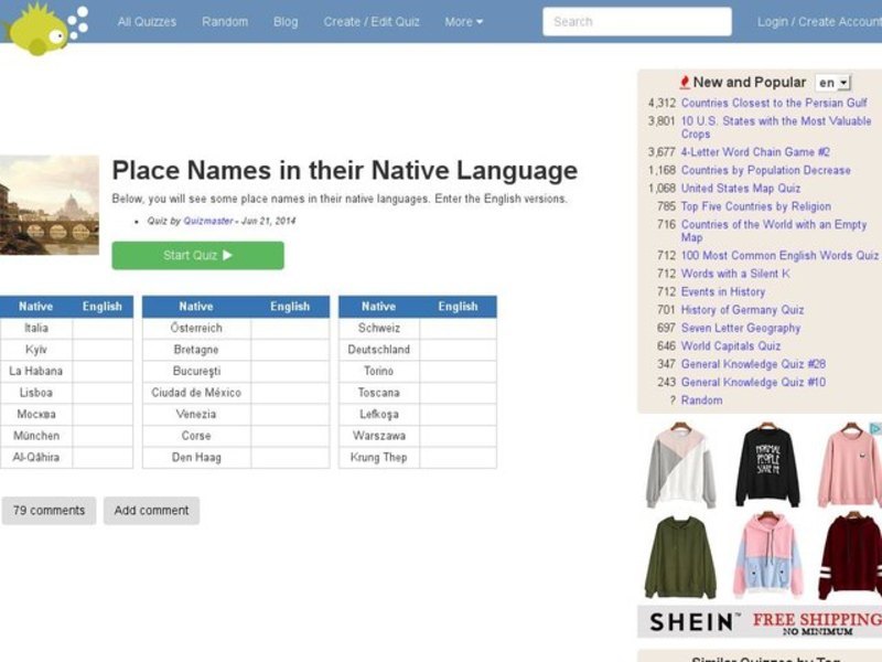Foreign Place Names Quiz Interactive