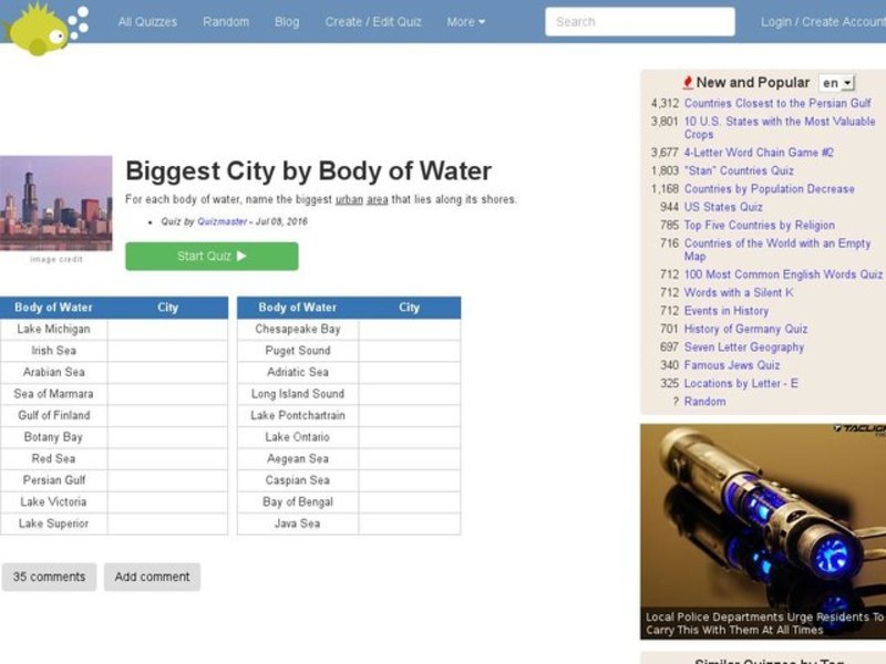 Cities Near Water Quiz Interactive