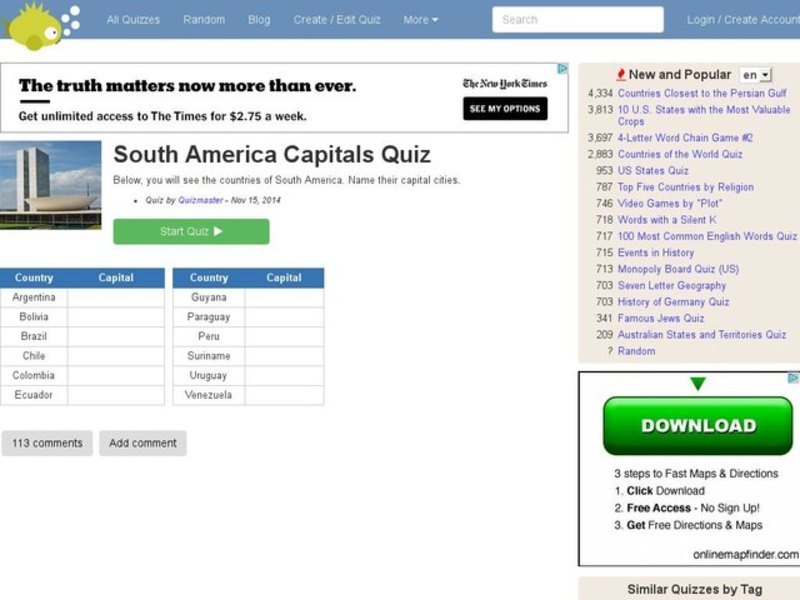 South American Capitals Quiz Interactive