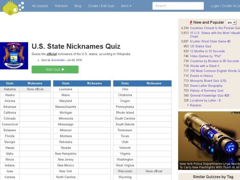 State Nicknames Quiz Interactive