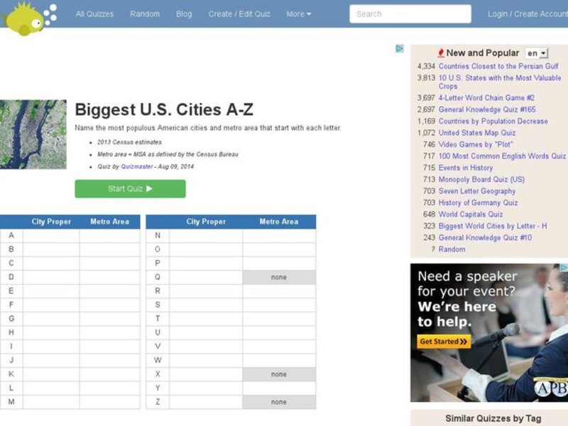 Biggest US City by Letter Quiz Interactive