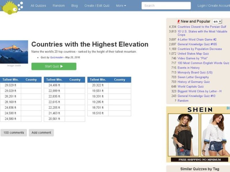 Highest Mountain Countries Quiz Interactive