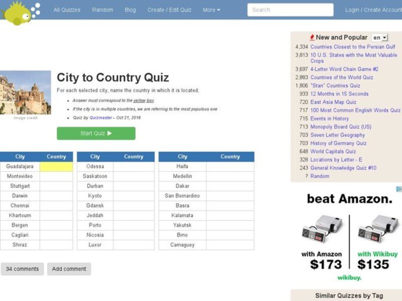 City to Country Quiz Interactive