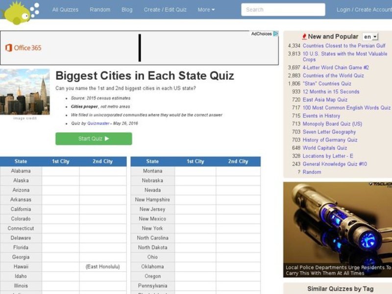 Biggest Cities in Each State Quiz Interactive