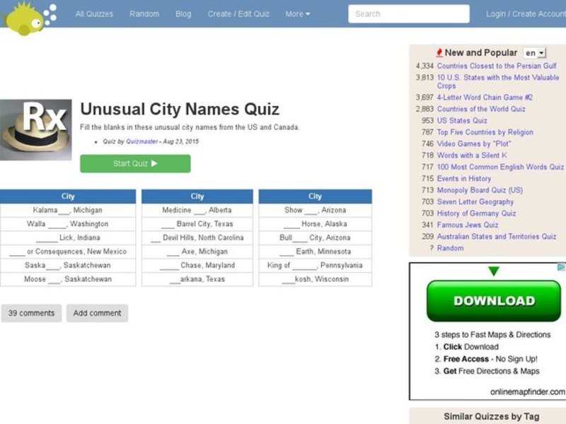 Unusual City Names Quiz Interactive