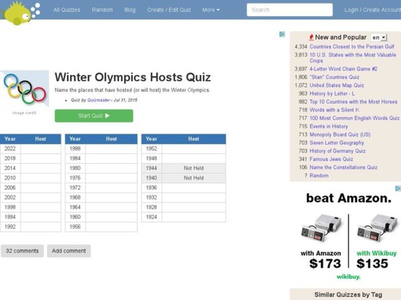 Winter Olympics Host Cities Quiz Interactive