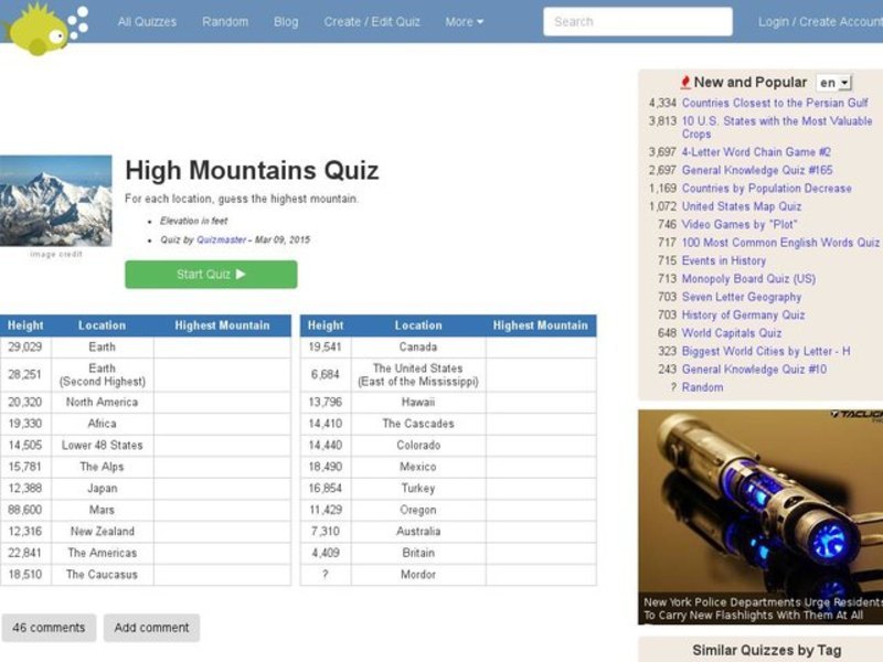 High Mountains Quiz Interactive