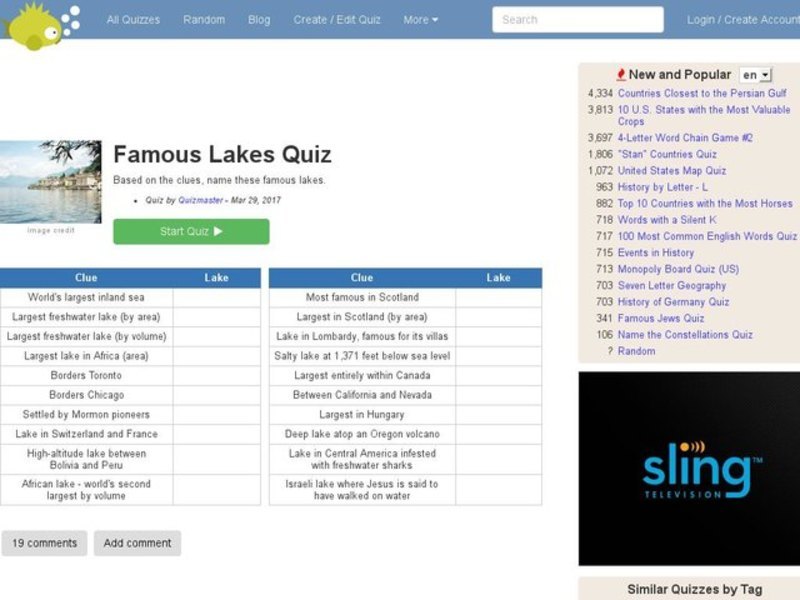 Famous Lakes Quiz Interactive