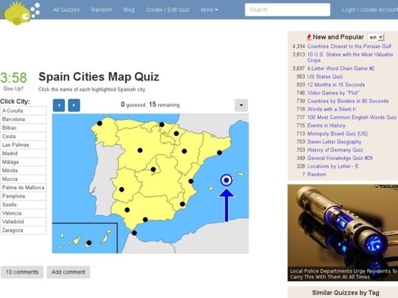 Spanish Cities Map Quiz Interactive