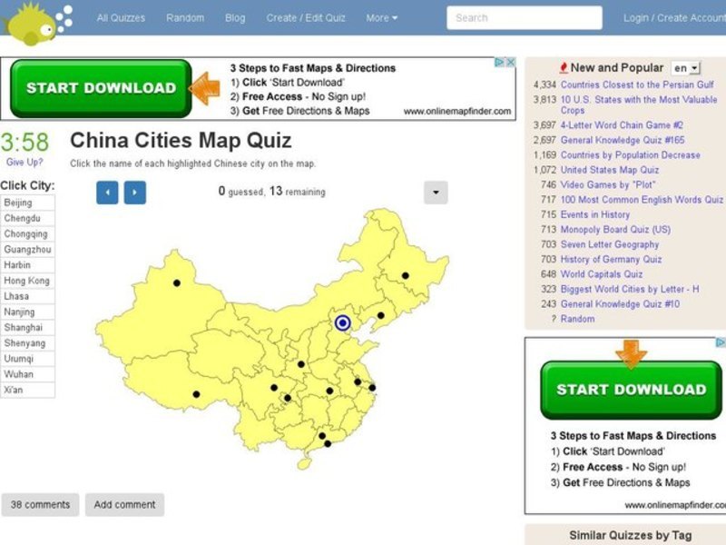 Chinese Cities Map Quiz Interactive