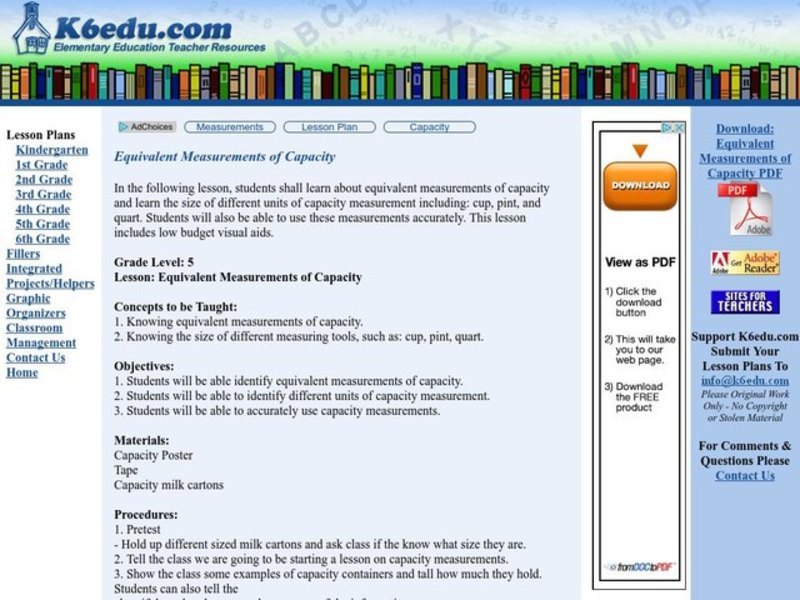 Equivalent Measurements of Capacity Lesson Plan