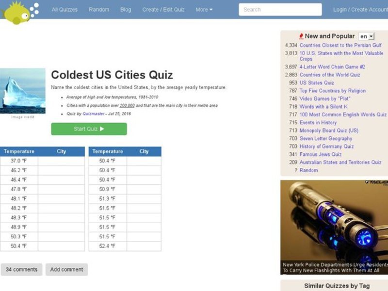 Coldest US Cities Quiz Interactive