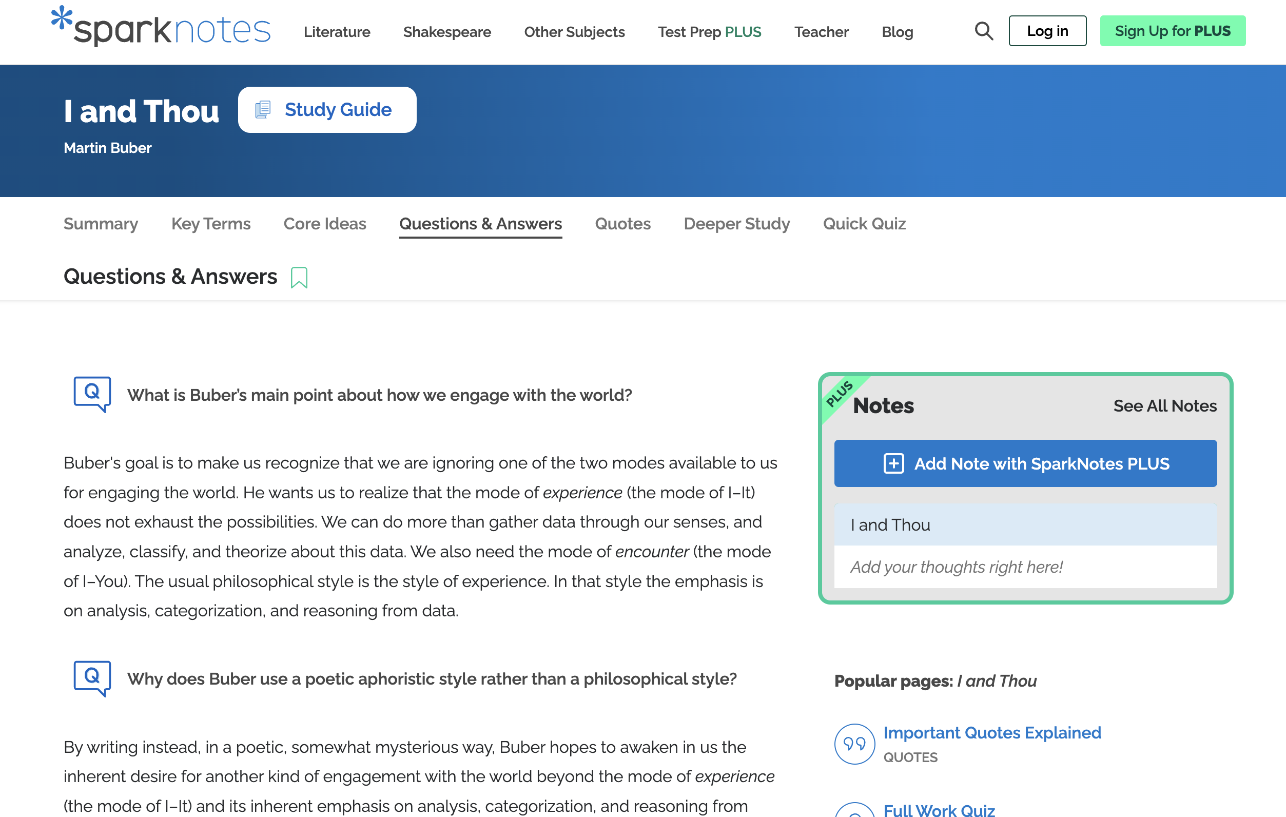 I and Thou Study Guide: Questions and Answers Study Guide