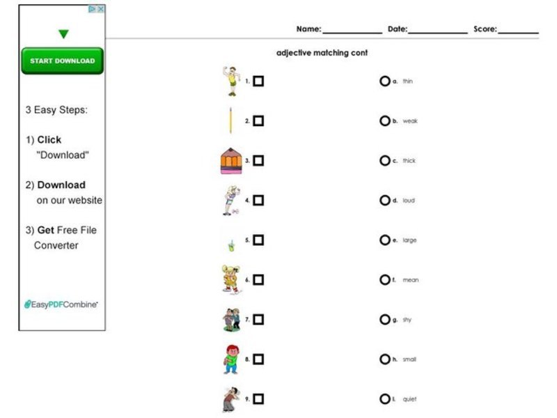 ESL Adjective Matching Worksheet Worksheet