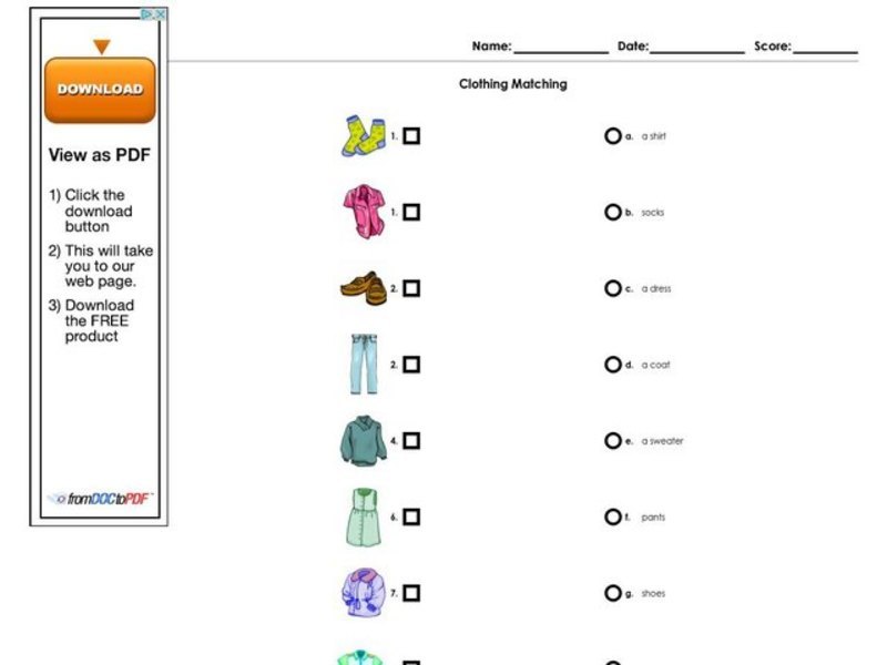 ESL Clothing Words Matching Worksheet Worksheet