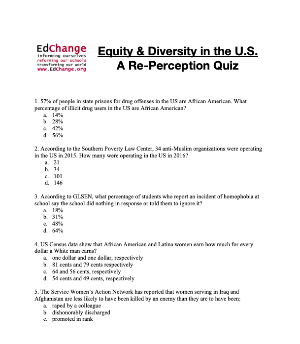 Equity and Diversity Awareness Quiz Assessment