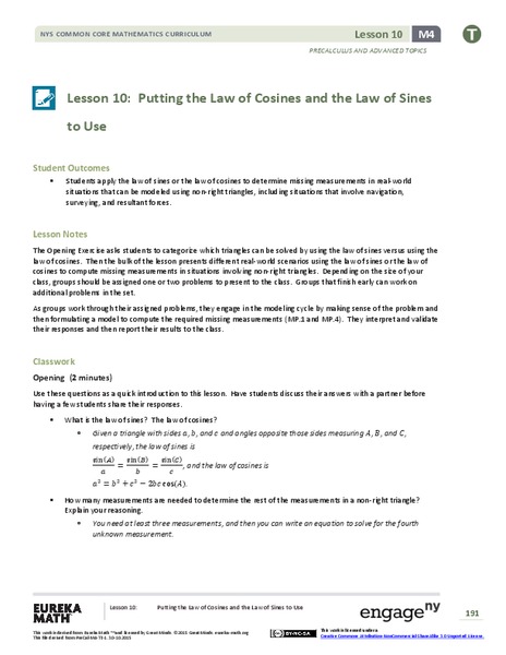 Putting the Law of Cosines and the Law of Sines to Use Lesson Plan