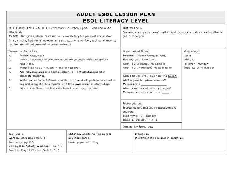 ESOL Personal Information Lesson Plan