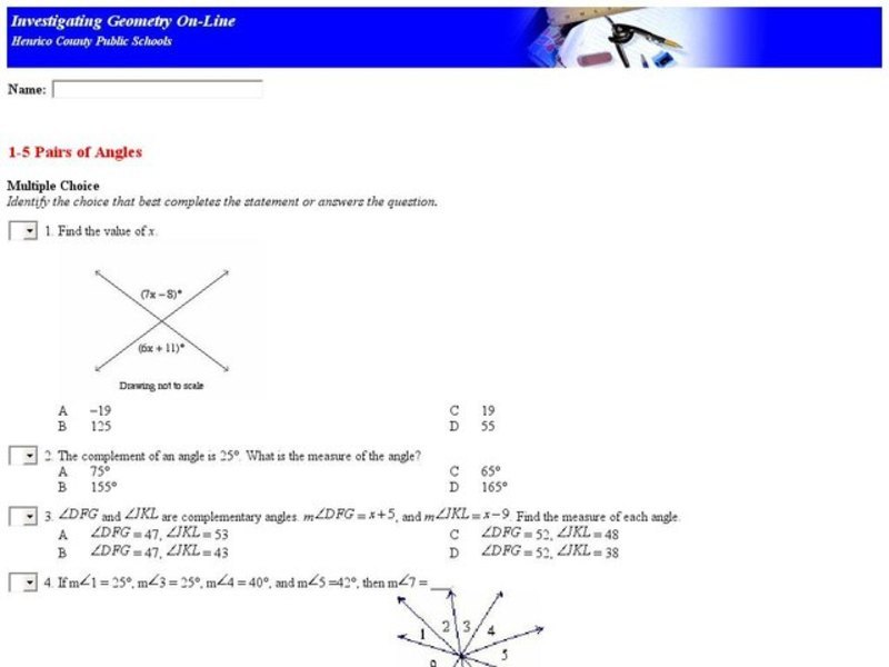 Pairs of Angles Multiple Choice Interactive