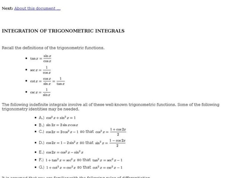 Integration of Trigonometric Integrals Interactive