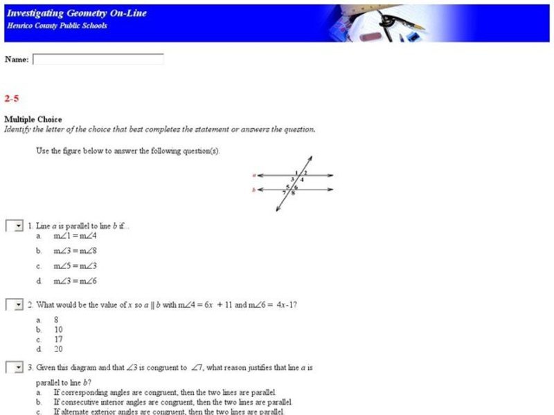 Proving Lines Parallel Multiple Choice Interactive