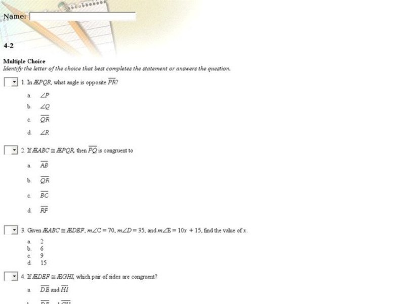 Congruent Triangles Multiple Choice Interactive