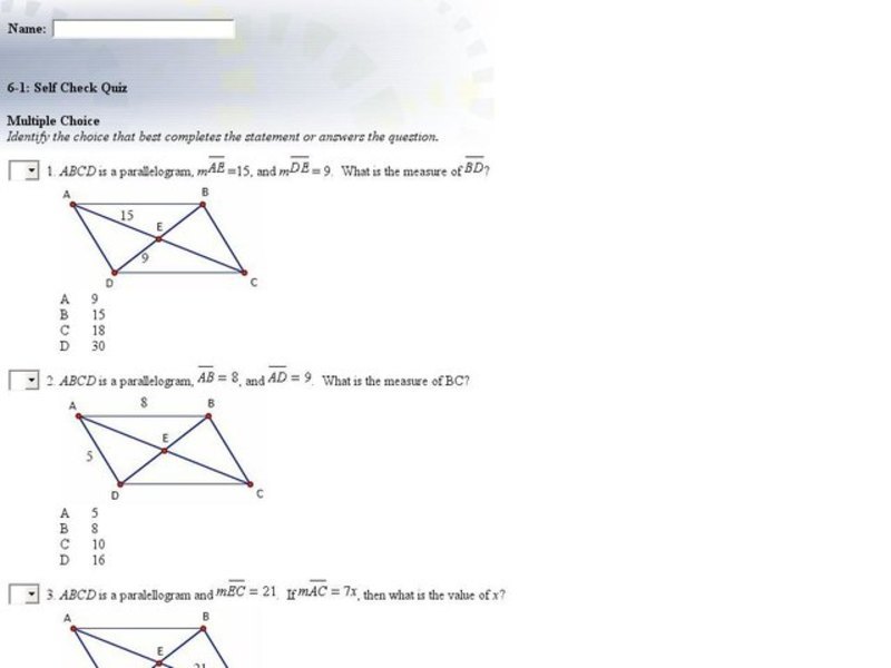 Parallelograms Multiple Choice Interactive
