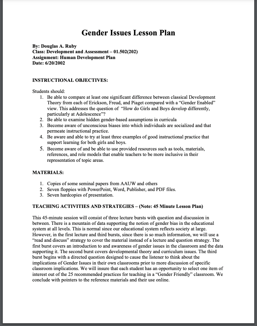 Gender Issues Lesson Plan Lesson Plan