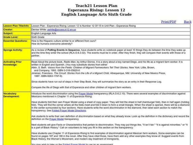 Esperanza Rising Lesson Plan