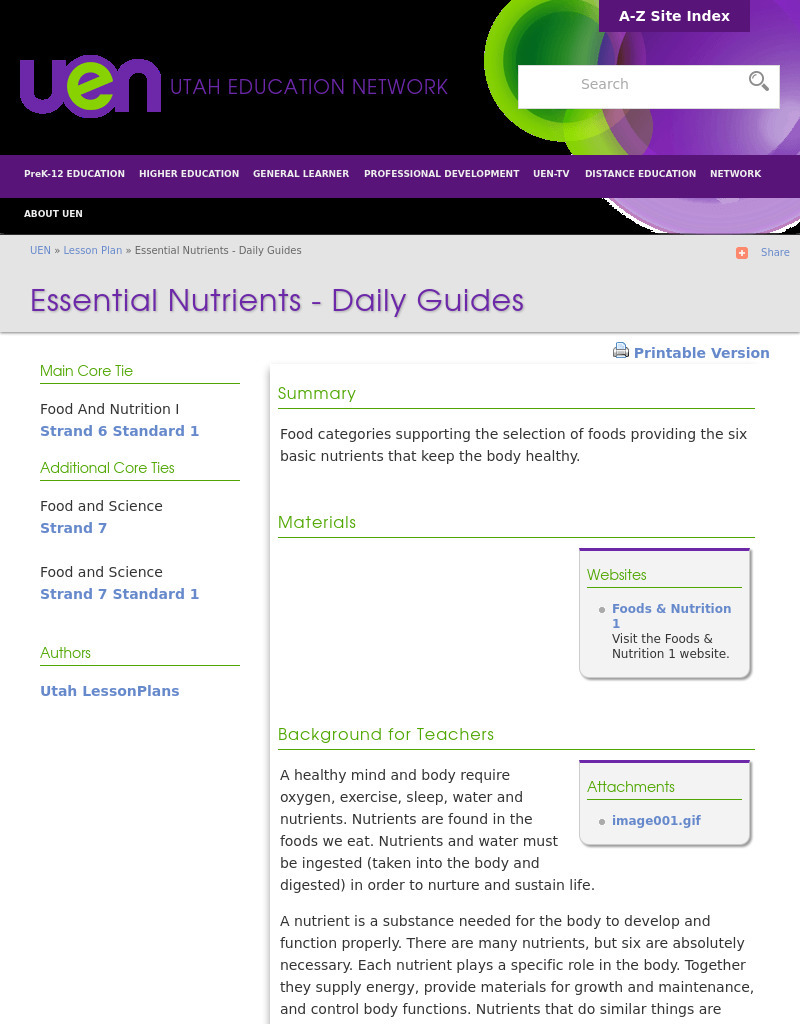 Essential Nutrients - Daily Guides Lesson Plan