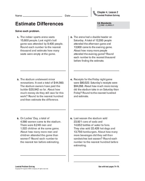 Estimate Differences Worksheet