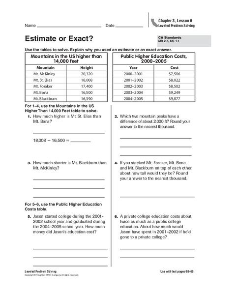 Estimate or Exact? Worksheet