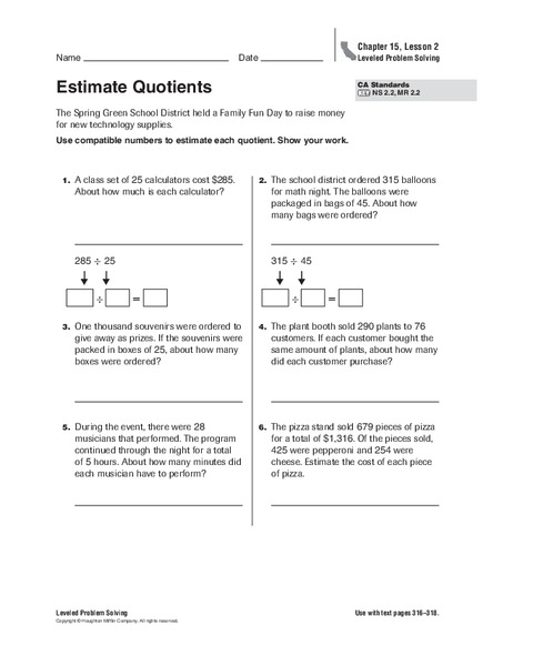 Estimate Quotients Worksheet