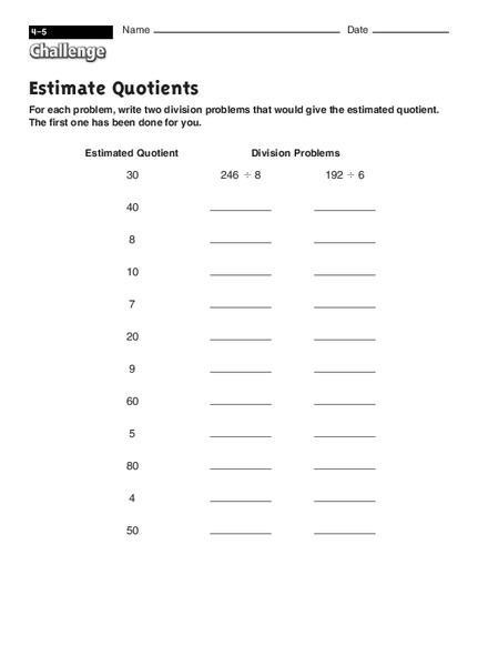 Estimate Quotients Worksheet