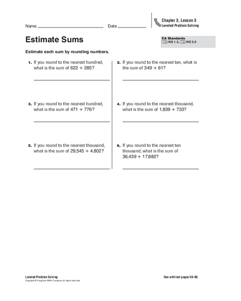 Estimate Sums Worksheet