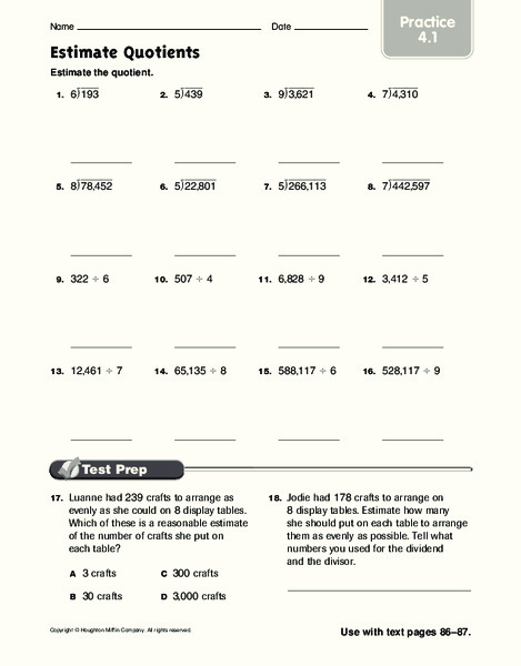 Estimate Quotients: Practice Worksheet
