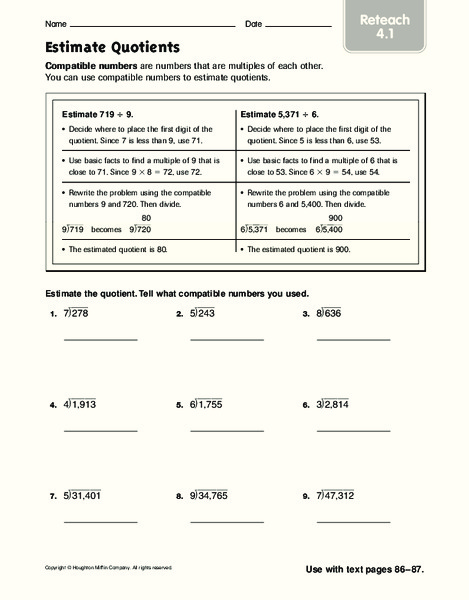 Estimate Quotients: Reteach Worksheet