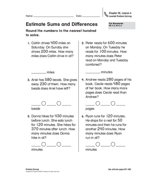 Estimate Sums and Differences Worksheet