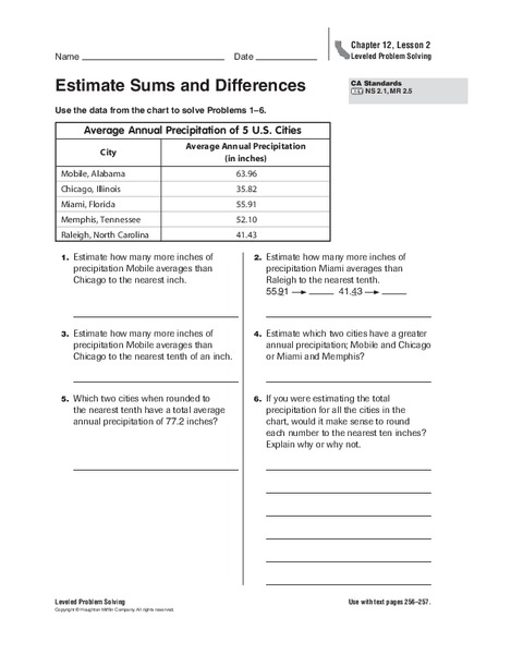Estimate Sums and Differences Worksheet