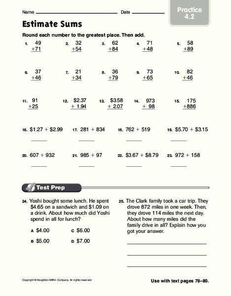 Estimate Sums Worksheet