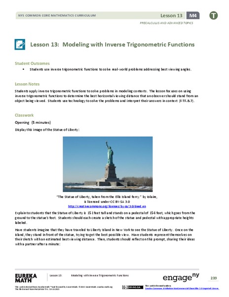 Modeling with Inverse Trigonometric Functions 1 Lesson Plan