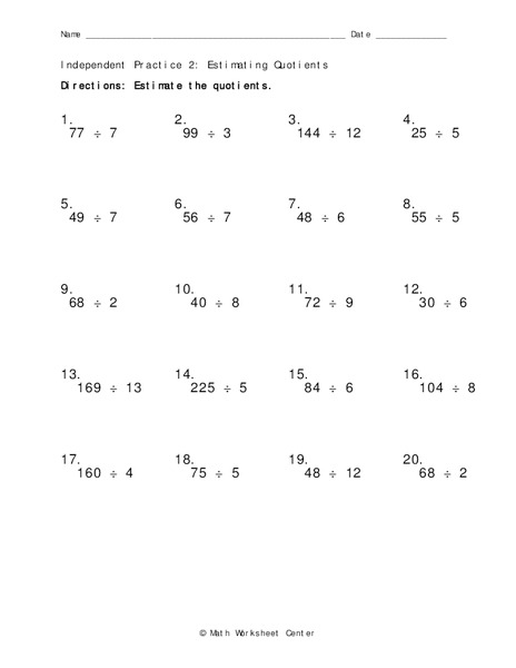 Estimating Quotients Worksheet