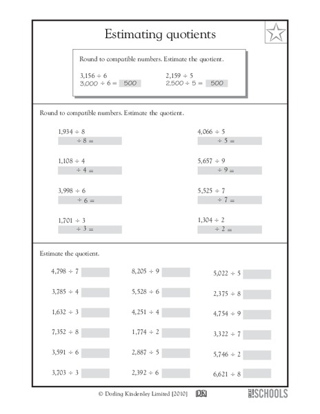 Estimating Quotients Worksheet