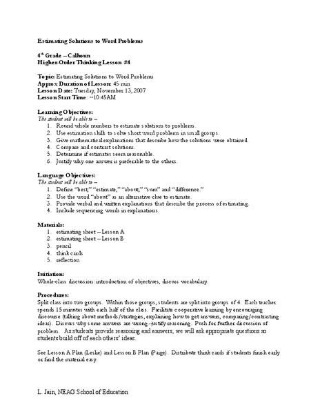 Estimating Solutions to Word Problems Lesson Plan