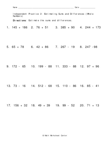 Estimating Sums and Differences Worksheet
